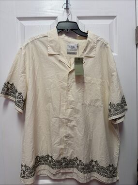 Goodfellow & Co Cream Short-Sleeve Button-Down Shirt with Green Border Print